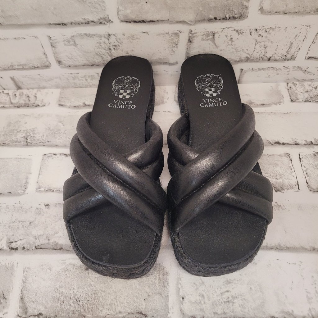 Vince Camuto Black Espadrille Puffer Strappy Platform Slide Sandals Size 7